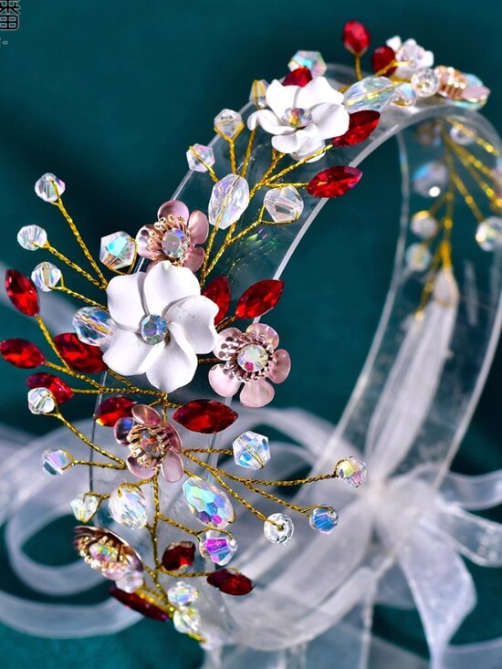 Handmade Floral Bridal Headband, Red Crystal Flower Wedding Headpiece